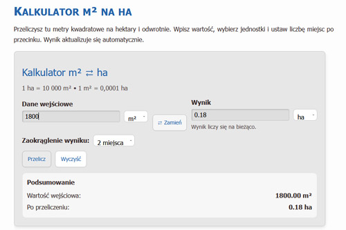 Kalkulator zamiany jednostek powierzchni na stronę internetową