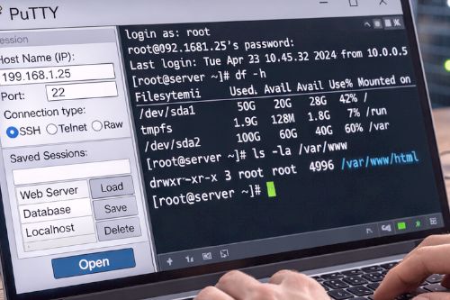Program PuTTY podczas pracy z serwerem